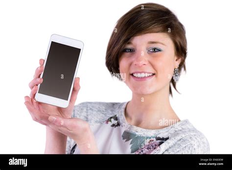 Pretty Brunette Showing Her Smartphone Stock Photo Alamy