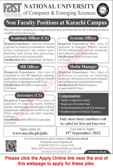 Fast National University Karachi Jobs September Apply Online Hr