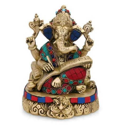 BRASS LORD GANESHA Ganpati Writing Sculpture Idol Statue Figurine 8