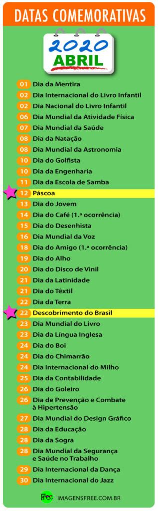 Datas Comemorativas Abril 2020 [INFOGRÁFICO] - Imagens Free