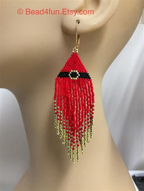 Santa Claus Inspired Seed Beaded Fringe Earrings Santa Suit Design