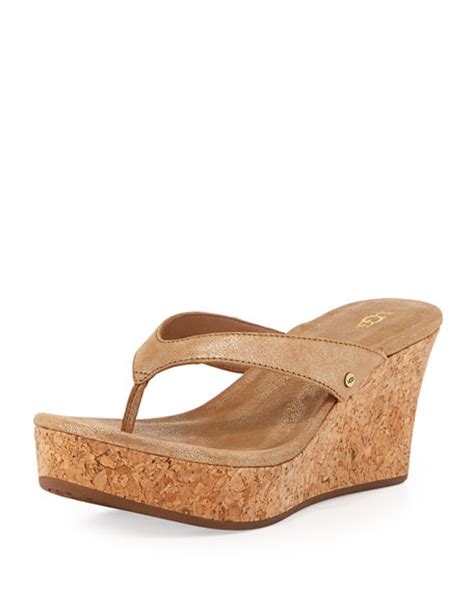 Ugg Australia Natassia Cork Thong Wedge Sandal Gold Washed