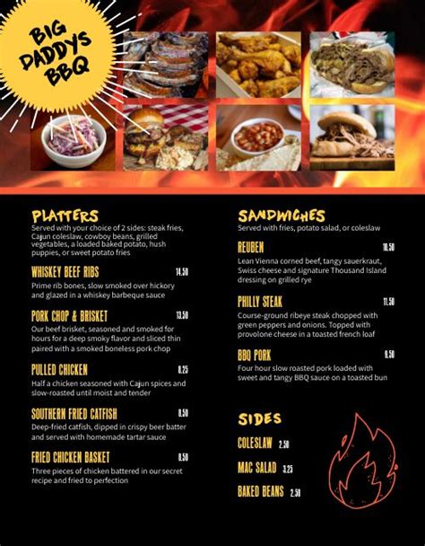 a menu for a bbq restaurant with flames and food on the side, including ...