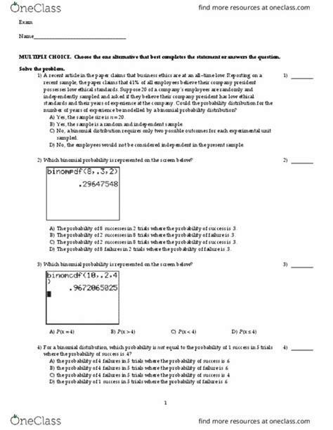 STAT 1102 Study Guide Spring 2019 Midterm Binomial Distribution