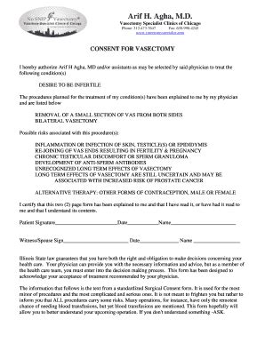 Fillable Online Vasectomy Consent For Clinis Fax Email Print Pdffiller