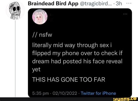 Braincdead Bird App Tragichird Nsfw Literally Mid Way Through Sex I Flipped My Phone Over To