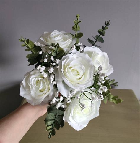 Artificial White Rose Gyp And Eucalyptus Hand Tied Wedding Etsy