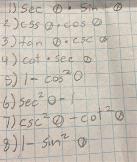 Solved Sec θ · Sin θ 2csc 050· Cos θ 3tan θ · Csc θ Cot · Sec θ 1 Cos20 6 Sec20 1 T