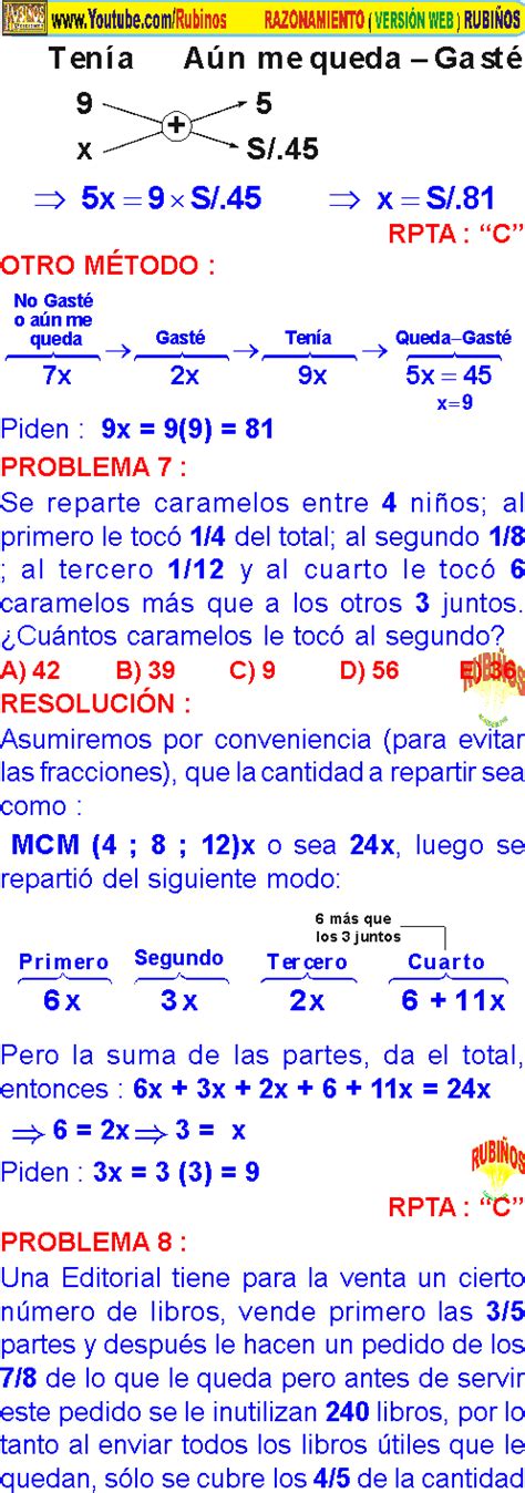 Fracciones Problemas Resueltos De Razonamiento MatemÁtico Preuniversitario Y Secundaria Pdf