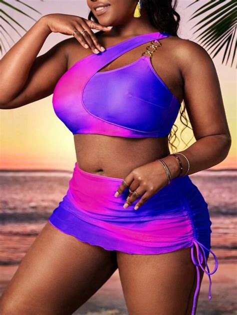 SHEIN Swim Vcay Plus Ombre Ring Linked One Shoulder Bikini Swimsuit