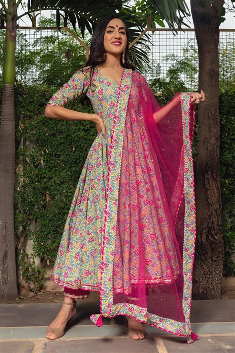 Cotton Multi Color Printed Anarkali Suit Set Artofit