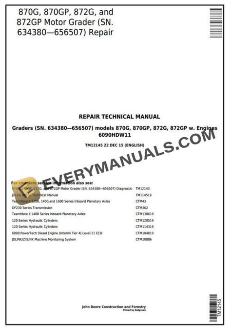 John Deere G Gp G Gp Motor Grader Repair Technical Manual