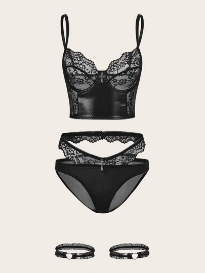 Is That The New Grunge Punk Contrast Lace PU Lingerie Set With 1pair