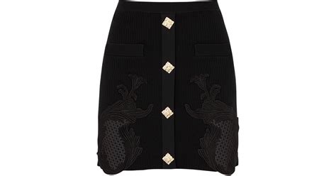 Self Portrait Black Lace Ribbed Stretch Knit Mini Skirt Lyst