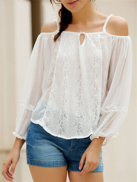 White Sexy Spaghetti Strap White Off The Shoulder Long Sleeve Blouse