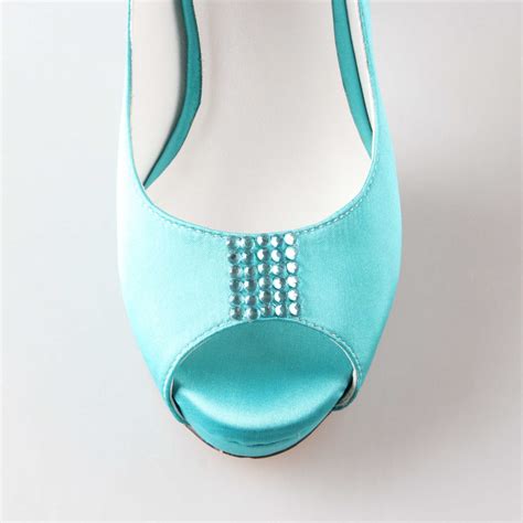 Handmade Aqua Blue Turquoise Wedding Shoes Rhinestone Tie Peep Open Toe