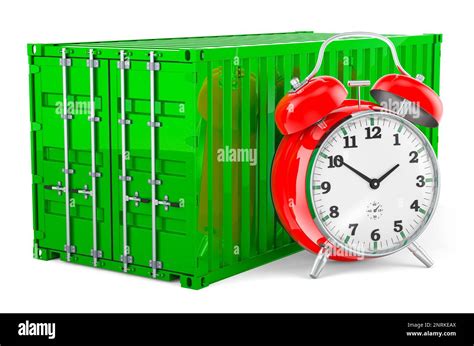 Green Cargo Container Shipping Freight With Alarm Clock 3d Rendering