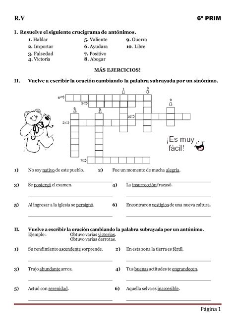 Sinonimos y antónimos R 6º PRIM Página 1 I Resuelve el siguiente