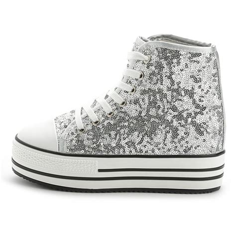 Silver Glitter Bling Bling Lace Up High Top Platforms Hidden Wedges Sneakers Shoes