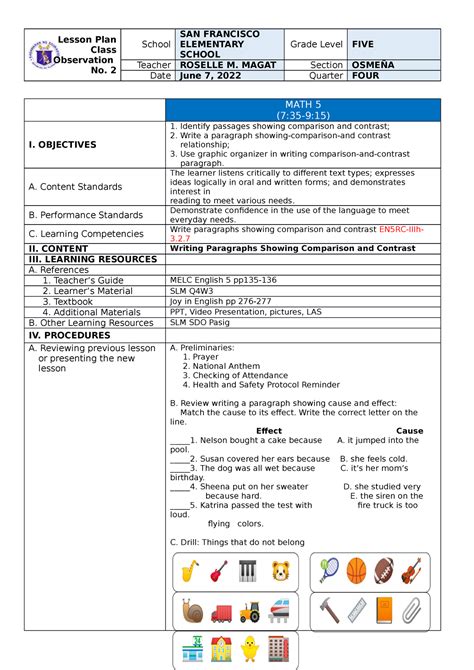 Co 2 Dlp In English Cot Lesson Plan Class Observation No 2 School