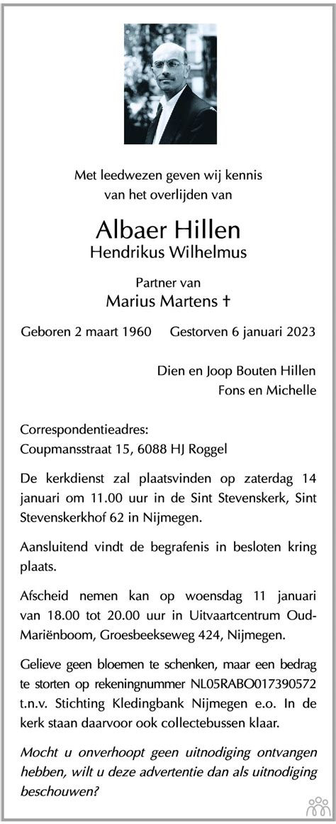 Albaer Hendrikus Wilhelmus Hillen 06 01 2023 Overlijdensbericht En