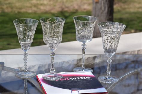 4 Vintage Etched Wine Glasses Set Of 4 Mis Matched Etched Wine Glasses