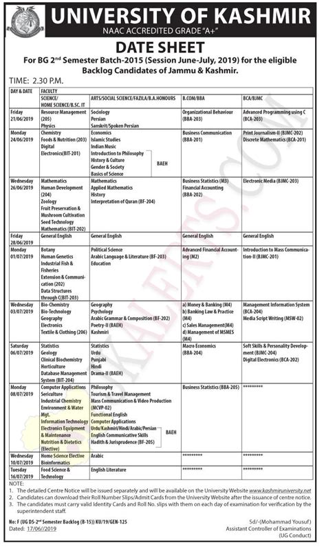 University Of Kashmir Date Sheet For Bg Nd Bg Rd Semester