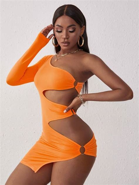 Shein Sxy Neon Orange Cut Out O Ring Side One Shoulder Bodycon Dress