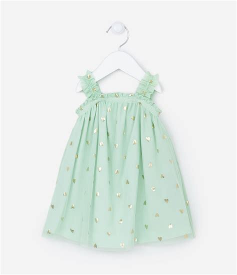 Vestido Infantil em Tule Babadinhos e Estampa de Coraçõezinhos