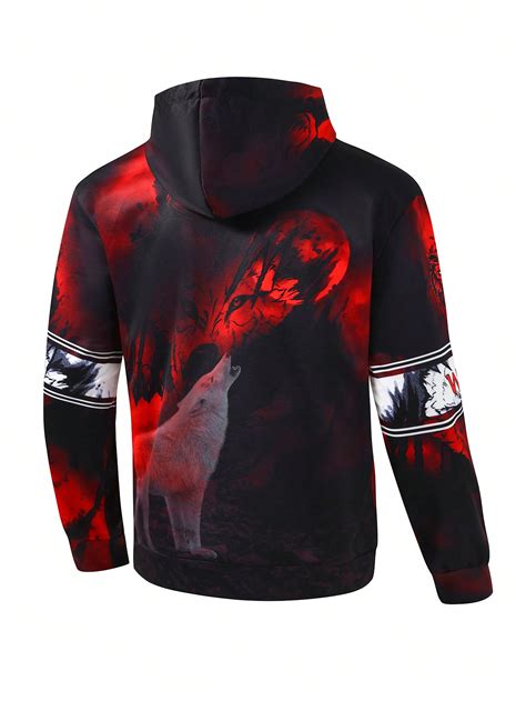 Sudadera Con Capucha Holgada Para Hombre Con Estampado De Lobo Y Letra