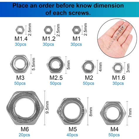 Kit surtido de 380 tuercas hexagonales métricas pequeñas para tornillo