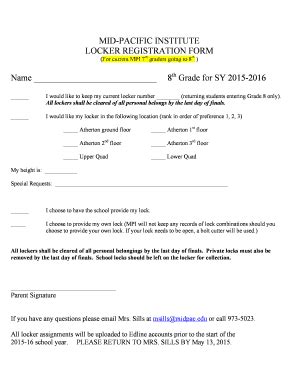 Fillable Online Midpac MID PACIFIC INSTITUTE LOCKER REGISTRATION FORM