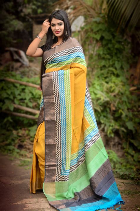 Handmade Zari Border Pure Tussar Silk Saree Hand Block Printed Etsy