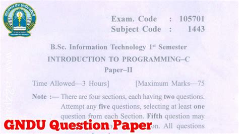 Gndu Bsc IT 1st Semester Introduction To Programming C Question Paper