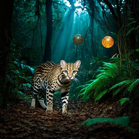 A Cunaguaro Ocelot Wandering Through A Mystical Forest The Trees