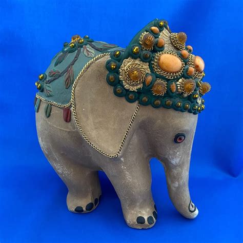 Vintage Bejeweled Ceramic Elephant Sculpture Handmade In Brazil Folk