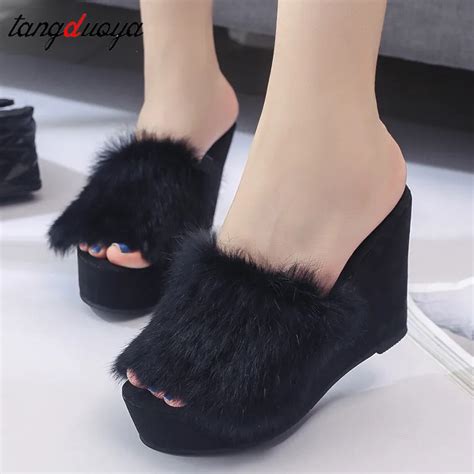 faux fur slippers platform women shoes high heel slippers wedge ...