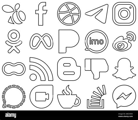 20 Stylish And Elegant Black Line Social Media Icons Such As Video Imo