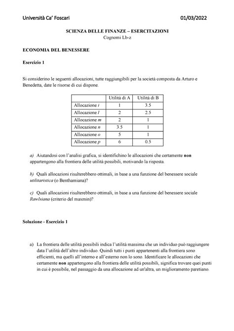 Economia Del Benessere Soluzioni Scienza Delle Finanze