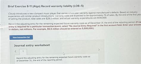 Solved Brief Exercise Algo Record Warranty Liability Chegg