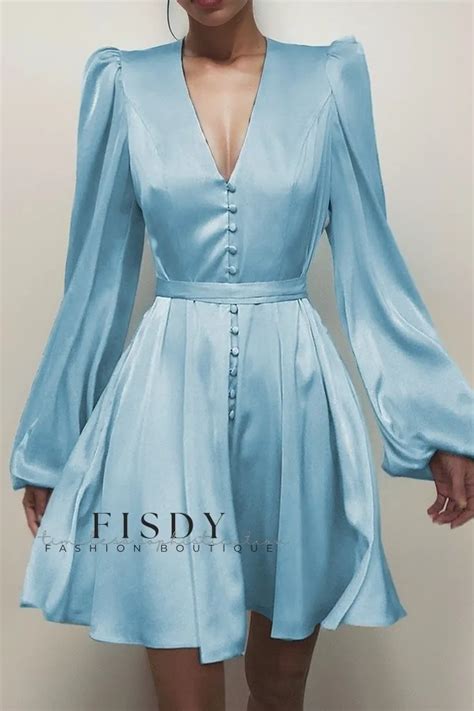 Fisdy Elegant Satin V Neck Dress With Refined Lantern Sleeves For A