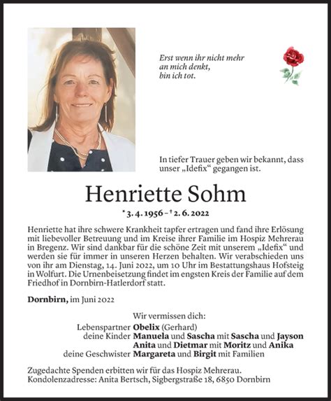 Todesanzeigen Von Henriette Sohm Todesanzeigen Vorarlberger Nachrichten