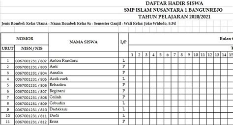 Format Daftar Hadir Absensi Siswa Di Microsoft Excel Kampus Pendidikan