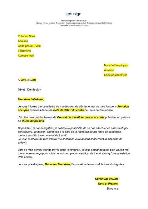 Lettre De Démission Modèle Gratuit En Format Word Pdf Edusign