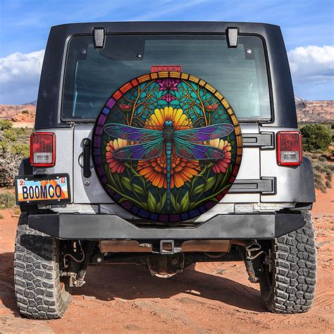 Stained Glass Of Colorful Dragonfly Jeep Car Spare Tire Covers Gift For