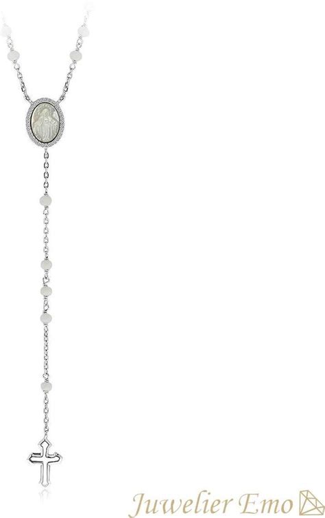 Juwelier Emo Rozenkrans Ketting Zilver Met Witte Stenen Kruis