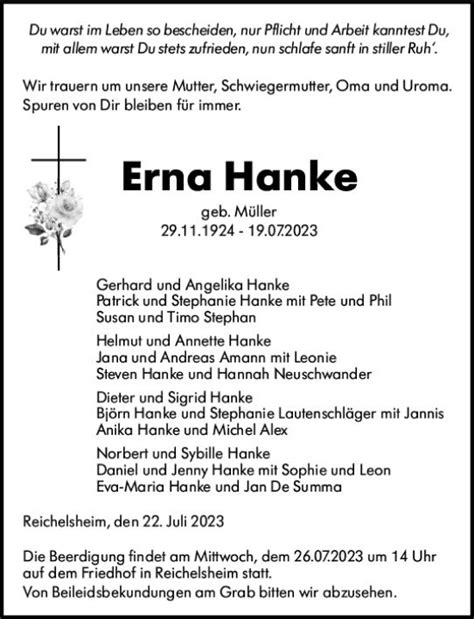 Traueranzeigen Von Erna Hanke Vrm Trauer De