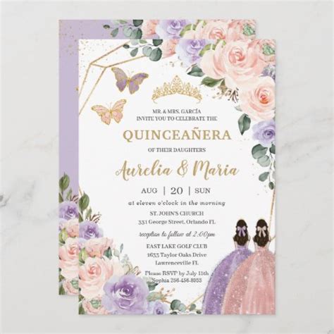 Quinceañera Blush Pink Lilac Purple Floral Twins Invitation Zazzle