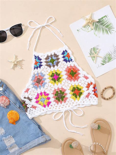 Kvinnor Virkad Bikini Övertäckningar Handgjord Stickad Strandkläder Med Slumpmässig Blomma