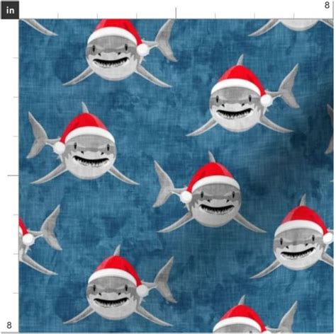 Santa Sharks On Blue Christmas Shark Fabric Shark Fabric Christmas